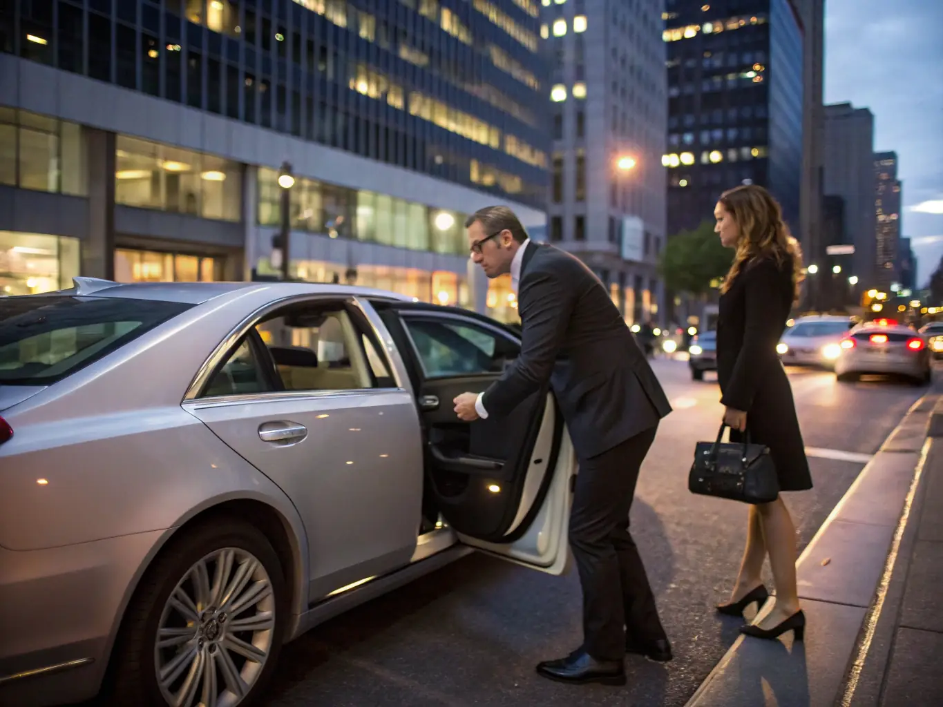 A professional chauffeur opening the door of a sleek company vehicle for a client, representing Kaplent OÜ's corporate transport solutions.